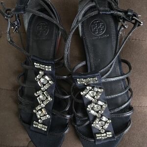 Tory Burch Black Strappy Crystal-Embellished Sandals